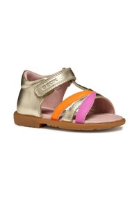 Sandal in pelle dorata con cinturino in velcro, caratterizzato da dettagli arancioni, rosa e metallici. Soletta testurizzata e suola in gomma resistente.
