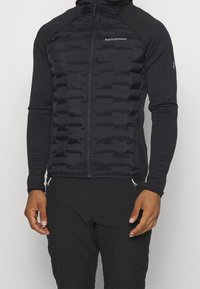 Veste noire rembourrée avec un col montant et une fermeture éclair, associée à de longues manches noires. Texture lisse avec un design élégant et ajusté.