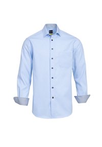 Camicia azzurro chiaro con tessuto testurizzato, maniche lunghe e taschino sul petto. I polsini presentano un rivestimento a motivi di contrasto.
