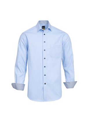 Camicia azzurro chiaro con tessuto testurizzato, maniche lunghe e taschino sul petto. I polsini presentano un rivestimento a motivi di contrasto.