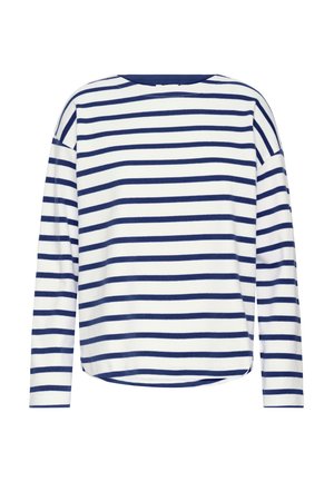 Csíkos hosszú ujjú felső fehér alapon sötétkék vízszintes csíkokkal. Kerek nyakkivágás, laza szabás, puha textúra, enyhén ívelt szegély.