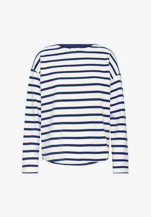 Csíkos hosszú ujjú felső fehér alapon sötétkék vízszintes csíkokkal. Kerek nyakkivágás, laza szabás, puha textúra, enyhén ívelt szegély.