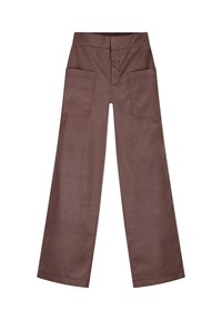 Brown wide-leg pants made from a textured material, featuring an elastic waistband and two large front pockets with stitched outlines.