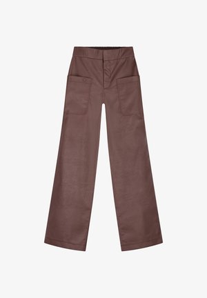 Brown wide-leg pants made from a textured material, featuring an elastic waistband and two large front pockets with stitched outlines.
