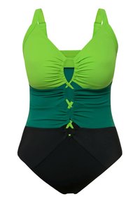 Einteiliger Badeanzug mit Ausschnittdesign, aus dehnbarem Stoff in verschiedenen Grüntönen und Schwarz, mit gerafften Akzenten für Textur.