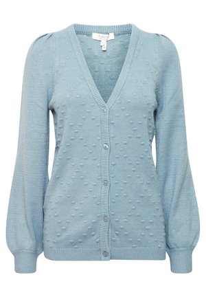 Light blue cardigan with a V-neck, textured bobble pattern, long puff sleeves, and button closure. Slim fit with ribbed cuffs and hem.