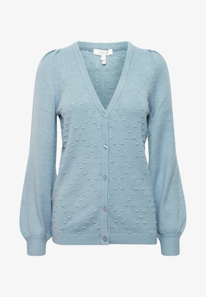 Gaiši zilā kardigāna žakete ar V-veida kakla izgriezumu, teksturētu bumbiņu rakstu, garām pūkām un pogu aizdari. Šaurs piegriezums ar ribinātiem piedurkņu galiem un apakšmalu.