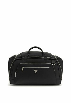 Sac de sport noir souple avec double poignée, poche avant zippée, compartiments latéraux zippés, et détails de fermeture éclair argentés sur fond blanc.