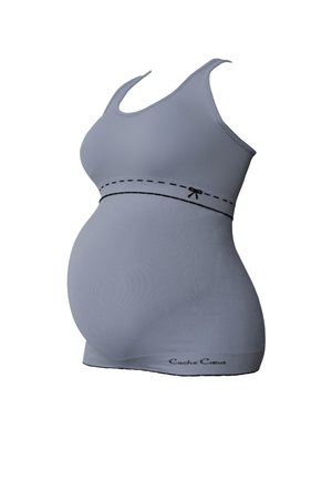 Débardeur de maternité gris avec un décolleté arrondi, froncé sous la poitrine, présentant une ligne noire surpiquée et un petit nœud décoratif.