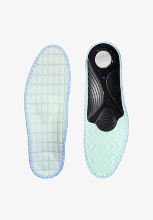 Semelles présentant une texture matelassée bleu clair d'un côté et un design noir à motifs avec un élément de rembourrage de l'autre côté.