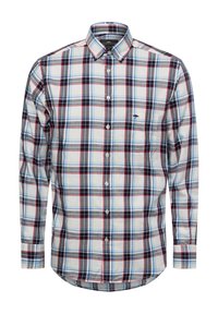 Camicia a maniche lunghe a scacchi con colletto button-down. Presenta tonalità di blu, rosso e grigio su uno sfondo bianco. Piccolo logo sulla tasca del petto.