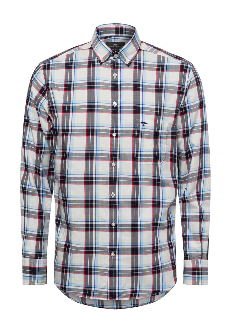 Camicia a maniche lunghe a scacchi con colletto button-down. Presenta tonalità di blu, rosso e grigio su uno sfondo bianco. Piccolo logo sulla tasca del petto.