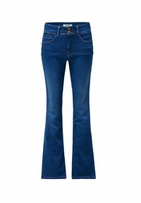 Blue flared jeans with a high waist, featuring a button closure and front pockets, displayed on a plain white background.