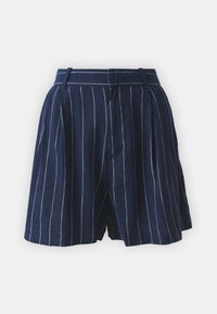 Granatowe szorty z białymi pionowymi paskami, z plisowanym przodem i paskiem w talii. Wykonane z teksturowanej tkaniny.