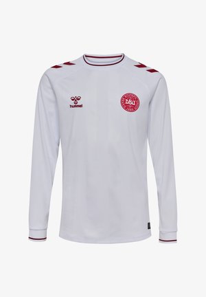 Wit longsleeve shirt met kastanjebruine accenten, voorzien van een ronde hals, horizontale strepen op de mouwen en een cirkelvormig logo op de borst.