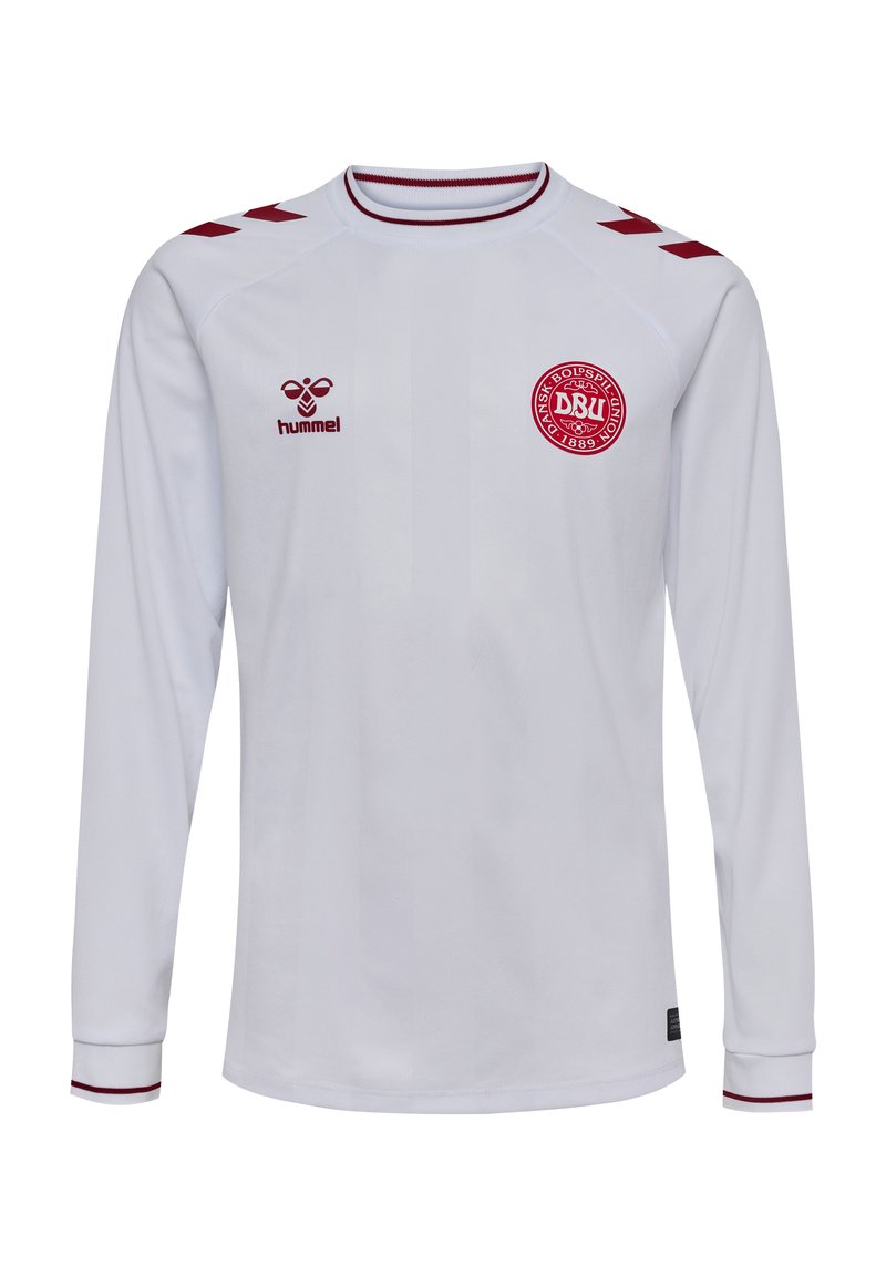 Langärmliges weißes Trikot mit weinroten Akzenten, ausgestattet mit einem Rundhalsausschnitt, horizontalen Streifen an den Ärmeln und einem runden Logo auf der Brust.