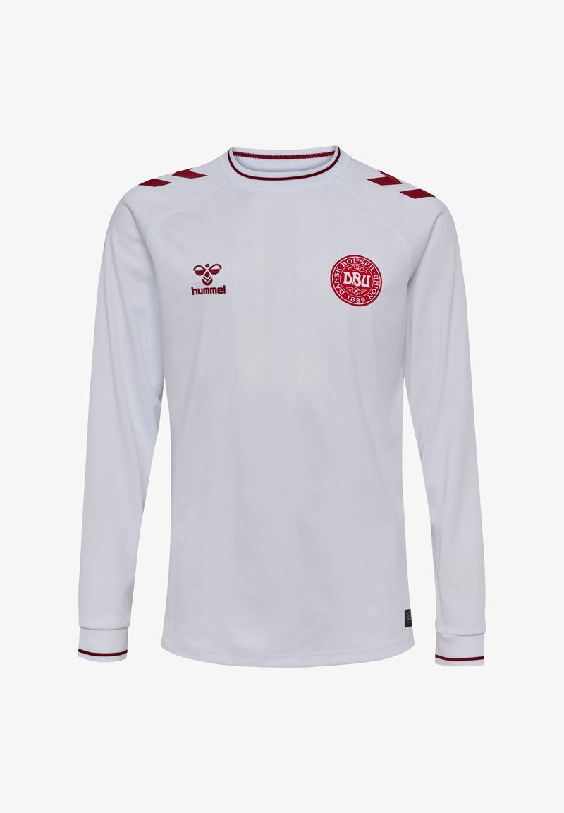 Vit långärmad tröja med vinröda accenter, med rund hals, horisontella ränder på ärmarna och en cirkulär logotyp på bröstet.