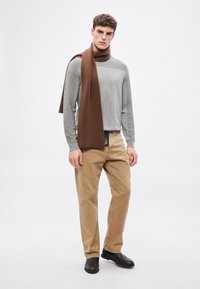 Cămașă gri cu mâneci lungi, fular maro cu model striat, pantaloni kaki și pantofi negri. Modelul stă pe un fundal alb simplu, cu mâinile relaxate.