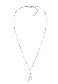 Collier en chaîne argentée avec un pendentif en forme de clé de sol, texture lisse et design délicat avec un petit détail en goutte.