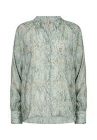 Light green, patterned blouse with a button-down front, long sleeves, and a slightly curved hem. Made from a soft, textured fabric.