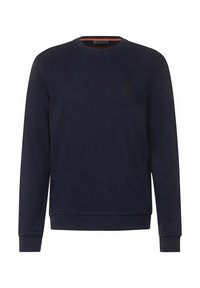 Mörkblå sweatshirt gjord av bomullsblandning, med rund hals, ribbade muddar och en subtil logotyp på bröstet. Mjuk textur.