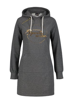 Dunkelgraues langärmeliges Kapuzenkleid mit weißen Kordeln, goldenem Reißverschluss an der Schulter und goldenem "Icepeak Sportswear" Text auf der Vorderseite.