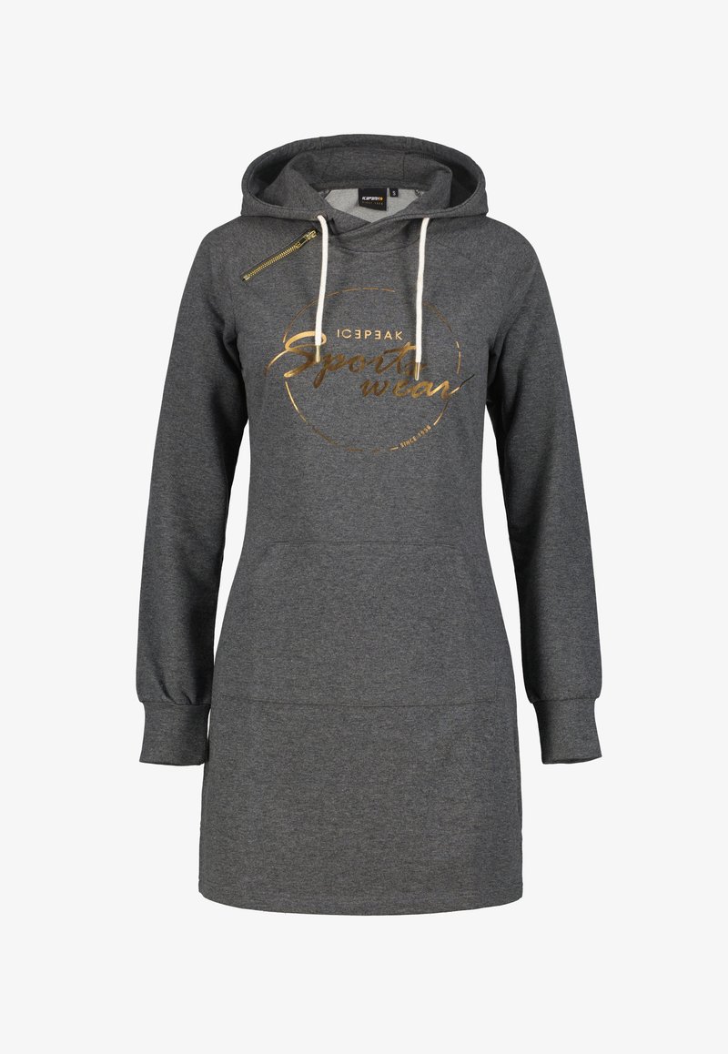 Robe sweat à capuche manches longues gris foncé avec cordons blancs, fermeture éclair dorée à l'épaule et texte doré "Icepeak Sportswear" sur le devant.