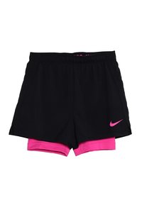 Musta urheilushortsit, joissa on joustava vyötärö ja vaaleanpunainen sisäkerros sekä vaaleanpunainen Nike-logo sivussa. Tasainen kangas.