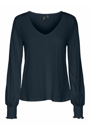 Czarna bluzka z długim rękawem i dekoltem w serek, wykonana z teksturowanej tkaniny, z marszczonymi mankietami i lekko rozszerzanym dołem.