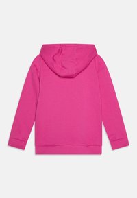 Sudadera rosa con capucha ajustable, mangas largas, puños y dobladillo acanalados. Fabricada con tejido suave, de color uniforme sin patrones adicionales.