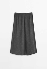 En grå, knälång kjol i vävt tyg med en utfläkt form, som har subtila veck vid midjan för extra textur.