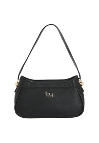 Bolso de cuero negro con una forma estructurada, que presenta una sola correa, acentos de hardware dorado y un logo en la parte frontal.