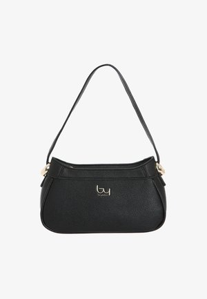 Borsa a mano in pelle nera con una forma strutturata, dotata di una sola tracolla, dettagli in acciaio dorato e un logo sul davanti.