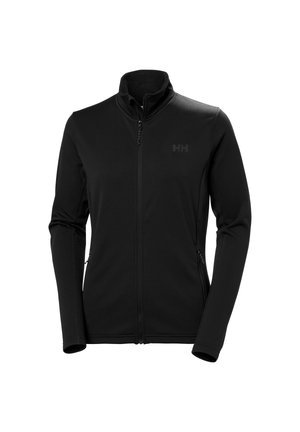 Schwarze Jacke mit durchgehendem Reißverschluss, langen Ärmeln, Stehkragen, seitlichen Reißverschlusstaschen und einem dezenten "HH"-Logo auf der linken Brust.