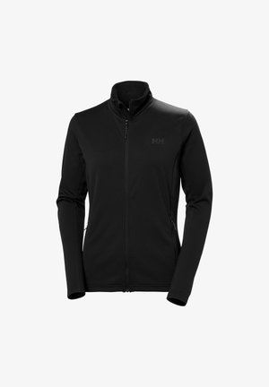 Schwarze Jacke mit durchgehendem Reißverschluss, langen Ärmeln, Stehkragen, seitlichen Reißverschlusstaschen und einem dezenten "HH"-Logo auf der linken Brust.