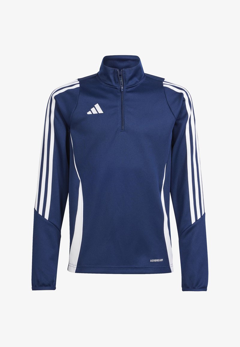 Chaqueta de entrenamiento de la marina con media cremallera, rayas laterales blancas y la marca "AEROREADY" en el dobladillo. Fabricada con material que absorbe la humedad.