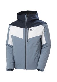 Herreblå, hvide og marineblå vandtæt skijakke med lynlås foran og hætte, med Helly Hansen-logo på brystet.