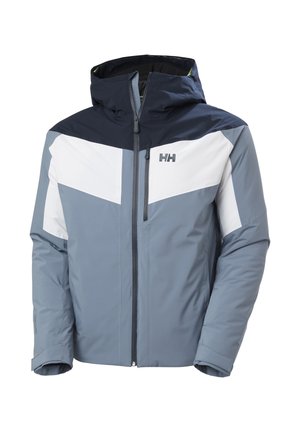 Chaqueta de esquí impermeable para hombre en azul, blanco y azul marino, con cremallera frontal y capucha, con el logo de Helly Hansen en el pecho.