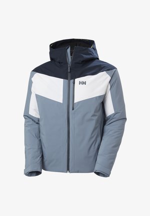 Chaqueta de esquí impermeable para hombre en azul, blanco y azul marino, con cremallera frontal y capucha, con el logo de Helly Hansen en el pecho.