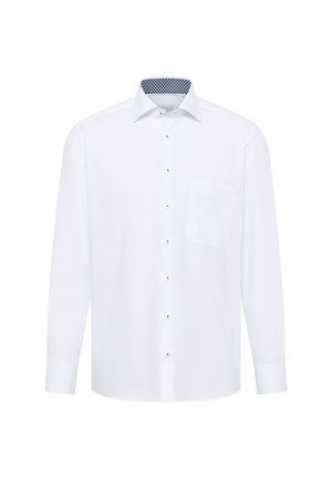Witte lange mouw shirt met button-down kraag, zak op de linkerkant van de borst en een gestreepte blauwe binnenkraag. Glad stof en klassiek ontwerp.