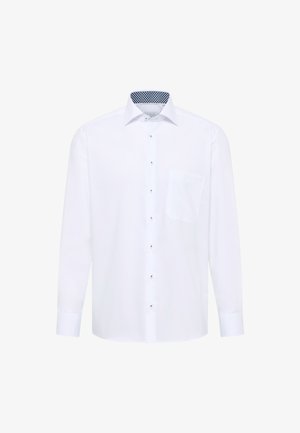 Weißes Langarmhemd mit Button-Down-Kragen, Tasche auf der linken Brust und gemustertem blauen Innenkragen. Glattes Gewebe und klassisches Design.