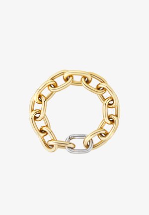Gold metal chain bracelet featuring large, interlocking links with a silver clasp detail. Smooth, polished finish throughout.