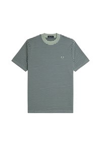 Camiseta de cuello redondo de manga corta con finas franjas horizontales en blanco y negro y un pequeño logotipo bordado de una corona de laurel en el pecho.