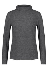 Grauer Langarm-Oberteil mit einem Schalkragen-Design, aus weichem, strukturiertem Stoff gefertigt. Verfügt über einen geraden Schnitt und minimale Nahtdetails.