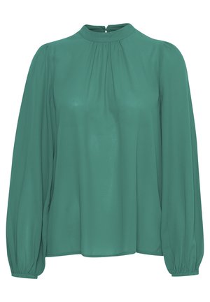 Zelena blagovna košlja z dolgimi rokavi in visokim ovratnikom, z nabrano obrobo in gubanjem na manšetah. Tkanina ima gladko, lahkotno teksturo.