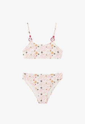 Bikini deux pièces avec bretelles fines et motif floral rose, orange et marron sur fond blanc.