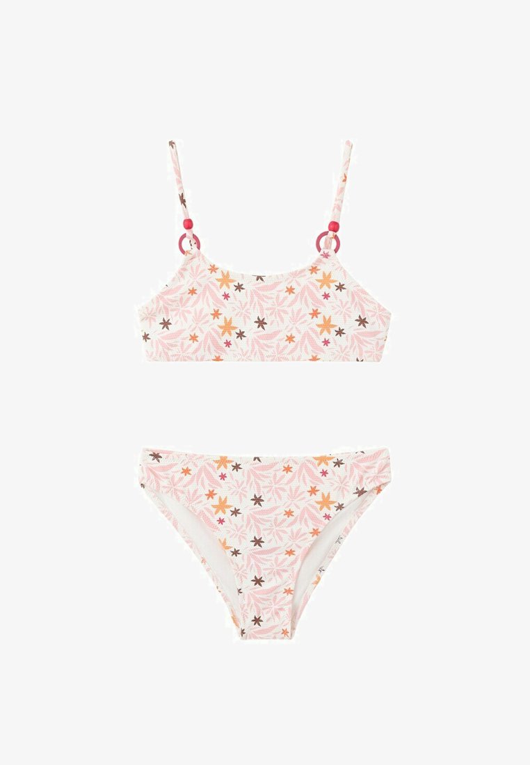 Bikini deux pièces avec bretelles fines et motif floral rose, orange et marron sur fond blanc.