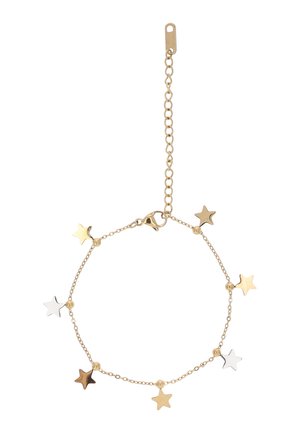 Delikatna złota bransoletka z łańcuszkiem, ozdobiona ośmioma zawieszkami w kształcie pięcioramiennych gwiazd w tonacjach złota, srebra i brązu, z zapięciem typu lobster i regulowanymi ogniwami.