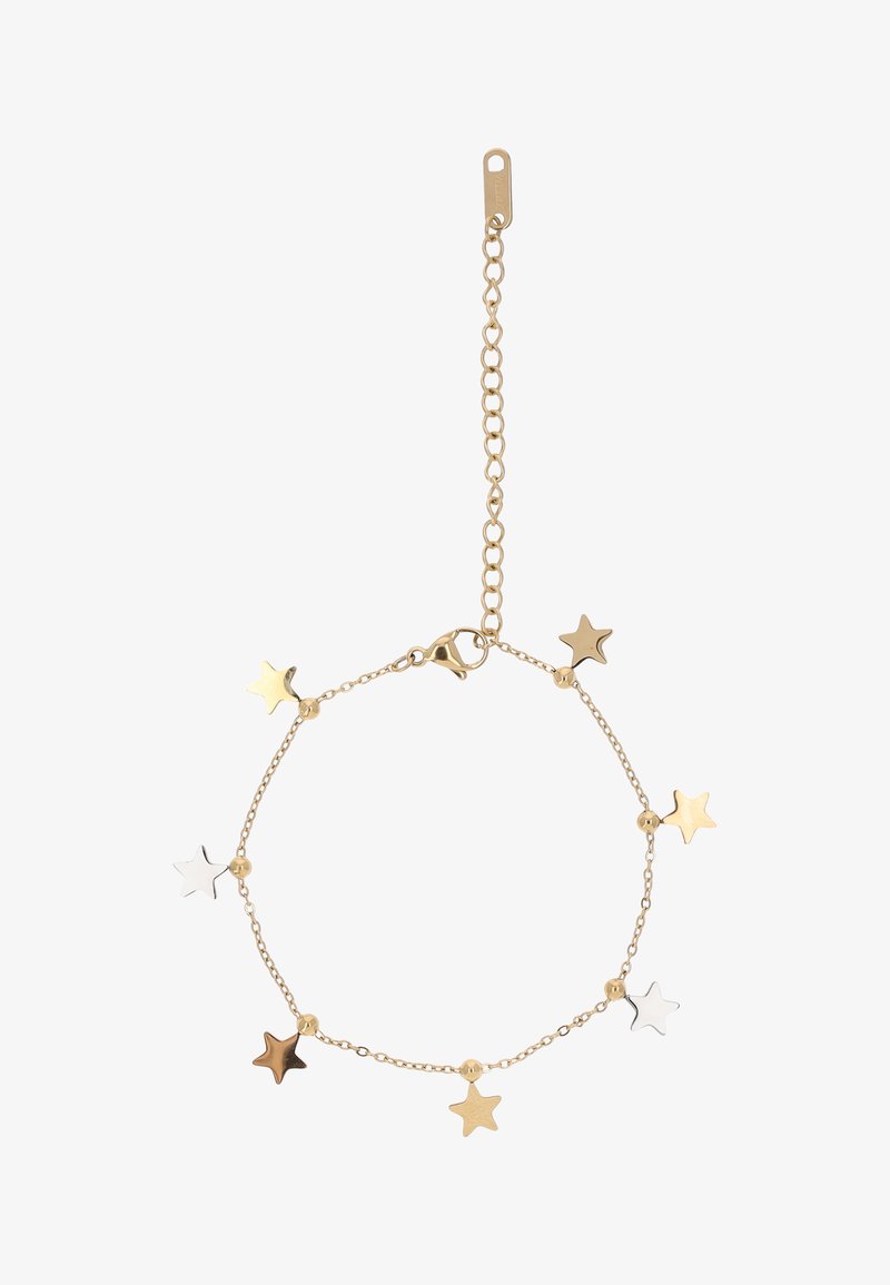 Fijne gouden kettinkjesarmband met acht vijfpuntige sterbedels in goud-, zilver- en bronskleuren, voorzien van een karabijnsluiting en verstelbare schakels.