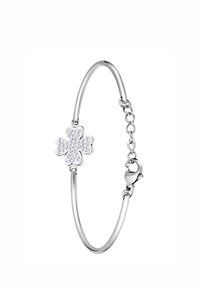 Zilveren armband met een vierbladige klavert design, bezet met heldere kristallen, veiliggesteld met een kreeftsluiting en kettinglinkverstelling.